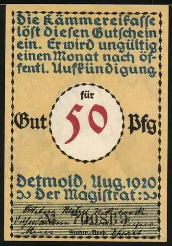 Notgeld Detmold, 1920, 50 Pfennig, Soldat marschiert in den Krieg, Stadtsilhouette im Hintergrund