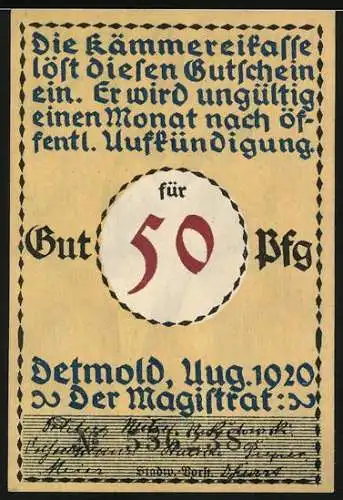 Notgeld Detmold, 1920, 50 Pfennig, Soldat vor Stadtsilhouette, Rückseite Text über Einlösung