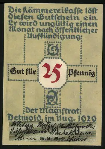 Notgeld Detmold, 1920, 25 Pfennig, Deutsche Einigkeit meine Stärke, Meine Stärke Deutschlands Macht