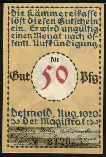 Notgeld Detmold, 1920, 50 Pfennig, Soldat marschiert, Rückseite Text über Gültigkeit