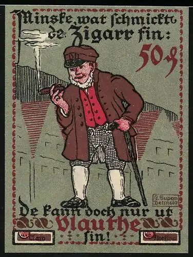 Notgeld Vlotho, 1921, 50 Pfennig, Zigarrenraucher mit Gehstock und Pfeife, Text und Verzierungen