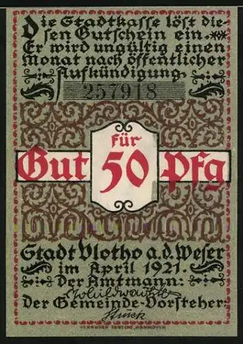 Notgeld Vlotho, 1921, 50 Pfennig, Zigarrenraucher mit Gehstock und Pfeife, Text und Verzierungen