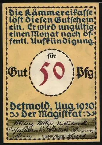 Notgeld Detmold, 1920, 50 Pfennig, Soldat im Marsch mit Gewehr und Kirche im Hintergrund