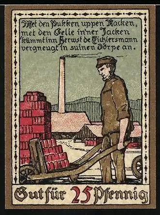 Notgeld Lage i.Lippe, 1921, 25 Pfennig, Arbeiter mit Schubkarre vor Fabrik