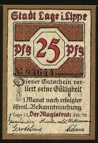 Notgeld Lage i.Lippe, 1921, 25 Pfennig, Arbeiter mit Schubkarre vor Fabrik