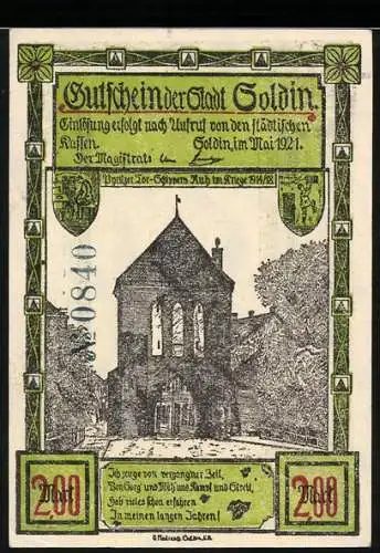 Notgeld Soldin, 1921, 2 Mark, Stadtansicht und Text, Rückseite mit Landschaft und Figuren