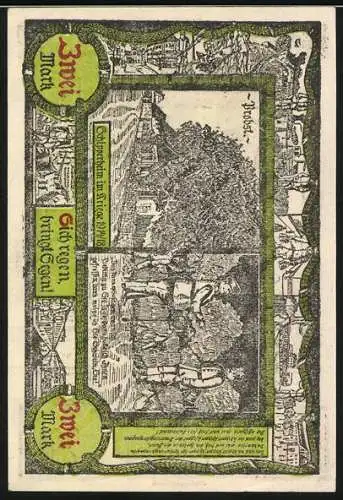 Notgeld Soldin, 1921, 2 Mark, Stadtansicht und Text, Rückseite mit Landschaft und Figuren