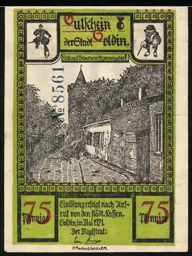 Notgeld Soldin, 1921, 75 Pfennig, Stadtansicht mit Turm und Kriegerdenkmal