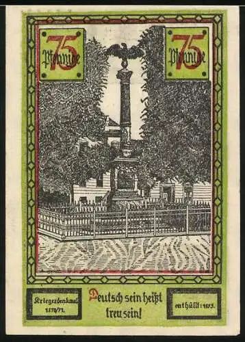 Notgeld Soldin, 1921, 75 Pfennig, Stadtansicht mit Turm und Kriegerdenkmal