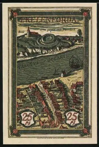 Notgeld Eckernförde 1921, 25 Pfennig, Stadtansicht mit Burgturm und Stadtplan, Gültig bis 31.12.1921