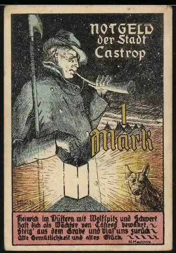 Notgeld Castrop, 1 Mark, Wächter mit Hund und Stadttor-Design