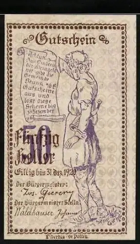 Notgeld Brunn, 1920, 50 Heller, Gültig bis 31 Dez. 1920, Darstellung eines Mannes mit Schriftrolle