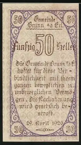 Notgeld Brunn, 1920, 50 Heller, Gültig bis 31 Dez. 1920, Darstellung eines Mannes mit Schriftrolle