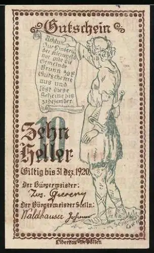 Notgeld Brunn, 1920, 10 Heller, Gutschein mit Mann und Inschrift, gültig bis 31.12.1920