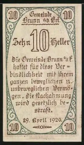 Notgeld Brunn, 1920, 10 Heller, Gutschein mit Mann und Inschrift, gültig bis 31.12.1920