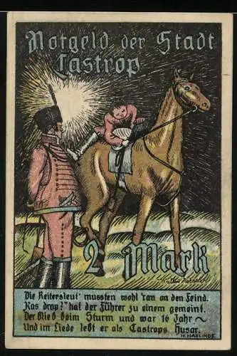 Notgeld Castrop, 1921, 2 Mark, Soldat mit Pferd und Kind, Stadtwappen