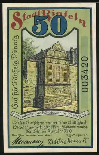 Notgeld Rinteln 1920, 50 Pfennig, Münchhausen auf Kanonenkugel und Archivhäuschen von Münchhausen