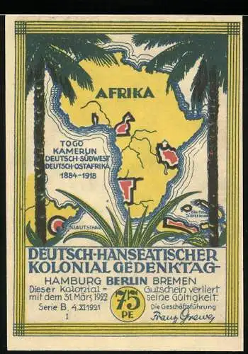 Notgeld Berlin 1921, 75 Pfennig, Deutsch-Hanseatischer Kolonial-Gedenktag, Afrika-Karte Portrait v. Lettow-Vorbeck