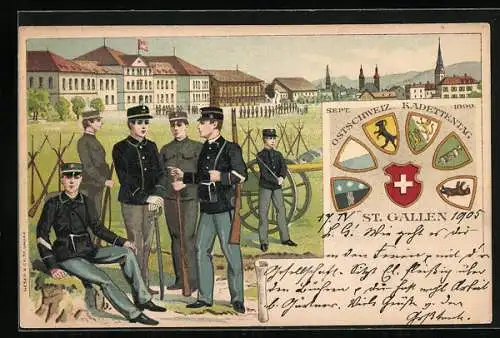 Lithographie St. Gallen, Soldaten in Uniform mit Kanone und Wappen