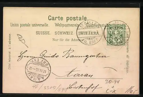 Lithographie St. Gallen, Soldaten in Uniform mit Kanone und Wappen