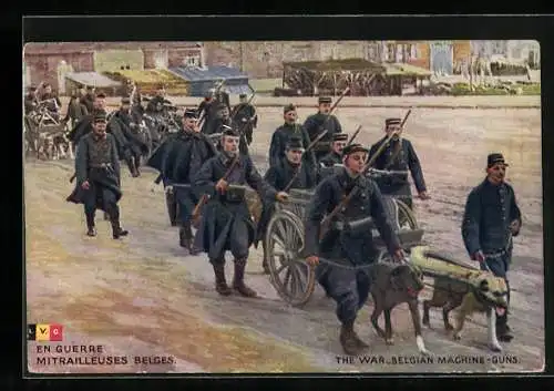 AK Mitrailleuses Belges, Belgian Machine-Guns, belgische Infanteristen transportieren ein MG mit dem Hundegespann