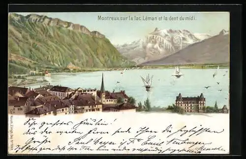 Lithographie Künzli Nr. 5019: Montreux sur le lac Leman et la dent du midi, Berg mit Gesicht / Berggesichter