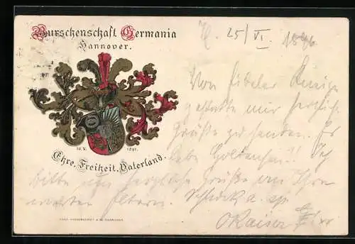 Künstler-AK Hannover, Studentenwappen der Burschenschaft Germania