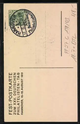 AK Ganzsache PP27C198 /03: Hannover, Festpostkarte zum XXV. Deutschen Philatelisten-Tag 15.-18.08.1913, Hans Wagner