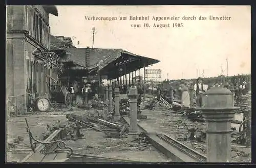 AK Appenweier, Verheerungen am Bahnhof durch das Unwetter 1905