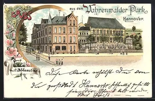 Lithographie Hannover, Gasthaus Vahrenwalder Park mit Strassenbahn und Garten