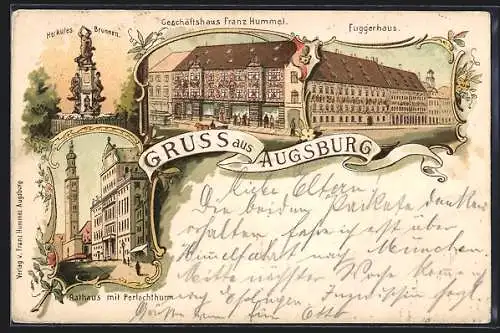 Lithographie Augsburg, Geschäftshaus Franz Hummel, Herkules-Brunnen, Fuggerhaus