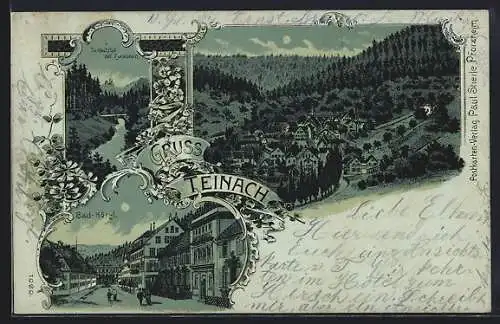 Mondschein-Lithographie Teinach, Bad-Hotel mit Strasse, Teinachthal mit Zavelstein, Gesamtansicht