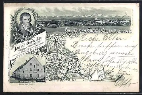 Lithographie Türkheim /Schwaben, Ludwig Aurbacher: Geburtshaus und Portrait, Bücher, Die sieben Schwaben, Ortsansicht