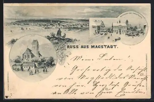 AK Magstadt, Rathaus und Marktplatz im Winter, Kirchenpartie, Gesamtansicht