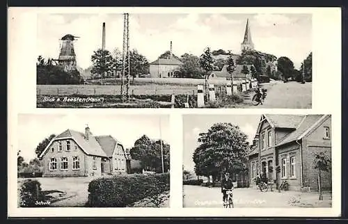 AK Beesten /Hann., Geschäftshaus A. Burrichter, Schule, Ortspanorama mit Windmühle