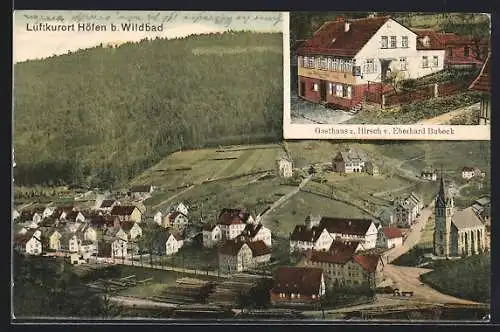 AK Höfen /Wildbad, Gasthaus zum Hirsch E. Bubeck, Ortsansicht mit Kirche u. Strasse aus der Vogelschau
