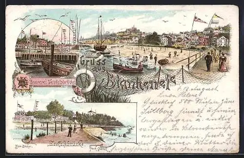 Lithographie Hamburg-Blankenese, Brauerei Teufelsbrücke, Park-Hotel Teufelsbrücke, Hafen