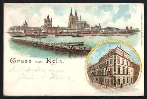 Lithographie Köln, Hotel Vier Jahreszeiten, Uferpartie mit Dom