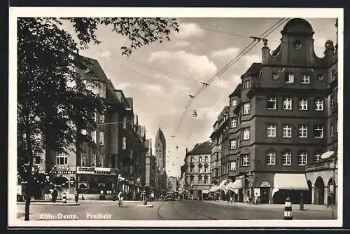 AK Köln-Deutz, Freiheitsstrasse mit Geschäften