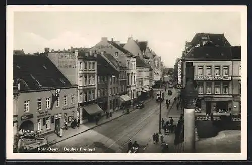 AK Köln-Deutz, Deutzer Freiheit mit Gasthaus Restauration zum deutschen Haus aus der Vogelschau