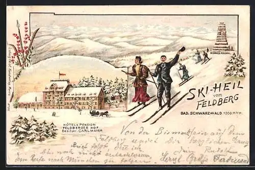 Winter-Lithographie Feldberg /Schwarzwald, Hotel-Pension Feldberger Hof Carl Mayer, Skiläufer am Bismarck-Denkmal