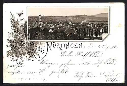 Lithographie Nürtingen, Ortsansicht mit Bergblick, Gräser und Bienen