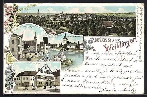 Lithographie Waiblingen, Rathausplatz, Sauturm, Gasthof zum Adler und Ortspanorama