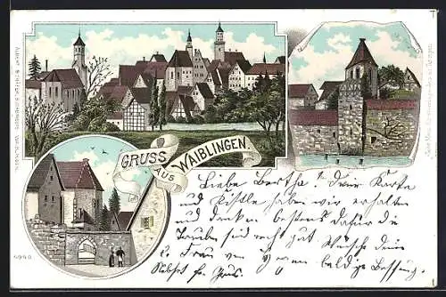 Lithographie Waiblingen, Ortspartien mit Mauer und Turm, Ortsansicht mit Fluss