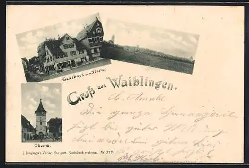 AK Waiblingen, Gasthaus zum Stern, Thurm, Panorama mit Kirche