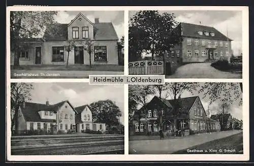 AK Heidmühle i. Oldenburg, Geschäftshaus Th. Janssen, Bahnhof, Gasthaus und Kino G. Schütt