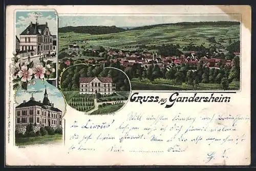 Lithographie Gandersheim, Das Postamt, das Progymnasium, Gesamtansicht