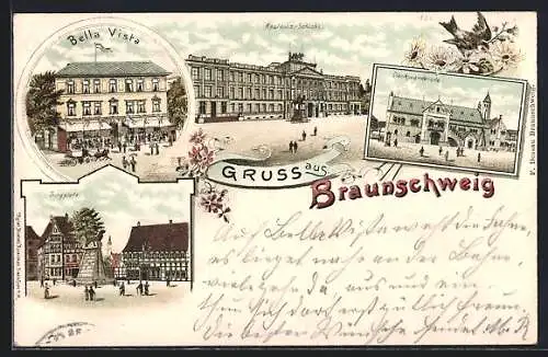 Lithographie Braunschweig, Bella Vista, Residenz-Schloss, Burgplatz