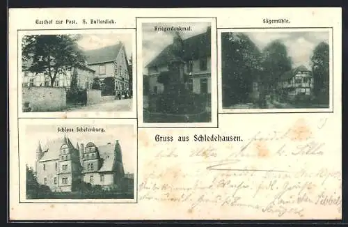 AK Schledehausen / Bissendorf, Gasthof zur Post v. H. Bullerdiek, Kriegerdenkmal, Sägemühle, Schloss Schelenburg