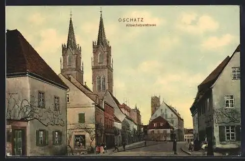 AK Oschatz, Altoschatzerstrasse mit Blick zur Kirche